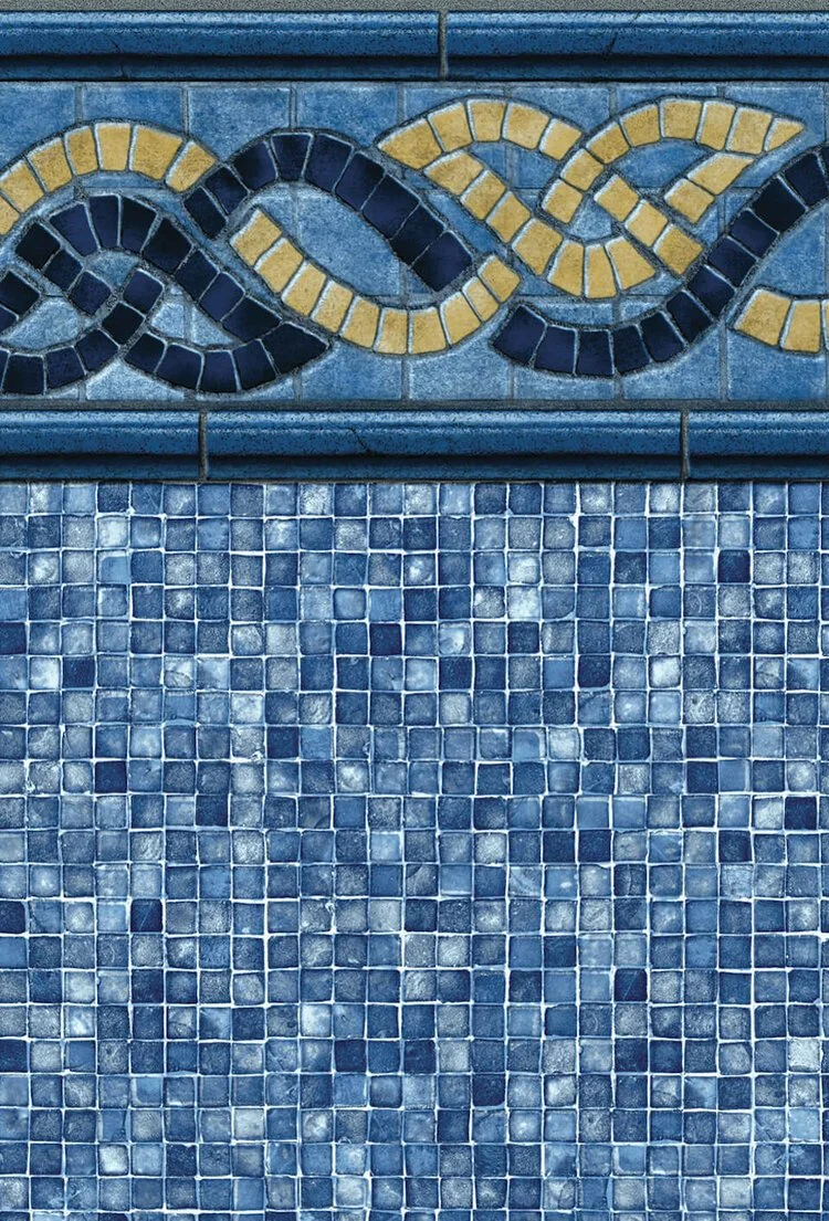 Decorative mosaic tile border with a swirling pattern above a blue tiled wall.