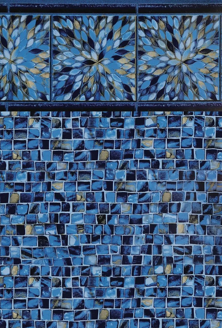 Close-up of decorative blue mosaic tiles, with three square floral patterns on top and a large area of small blue square tiling below.