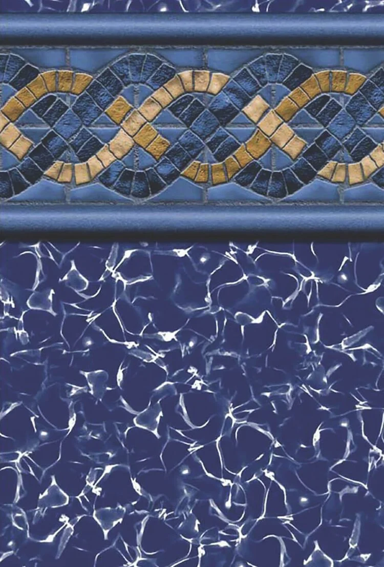 Close-up of a tile border with a blue and gold mosaic pattern above a surface with dark blue water and reflections.