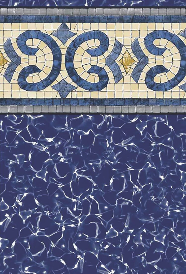 Close-up of a mosaic tile border with blue and yellow swirls and patterns, above a dark blue pool with rippling water.