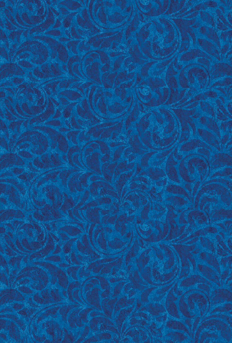 Close-up of a blue textured fabric with an intricate, swirling floral pattern.