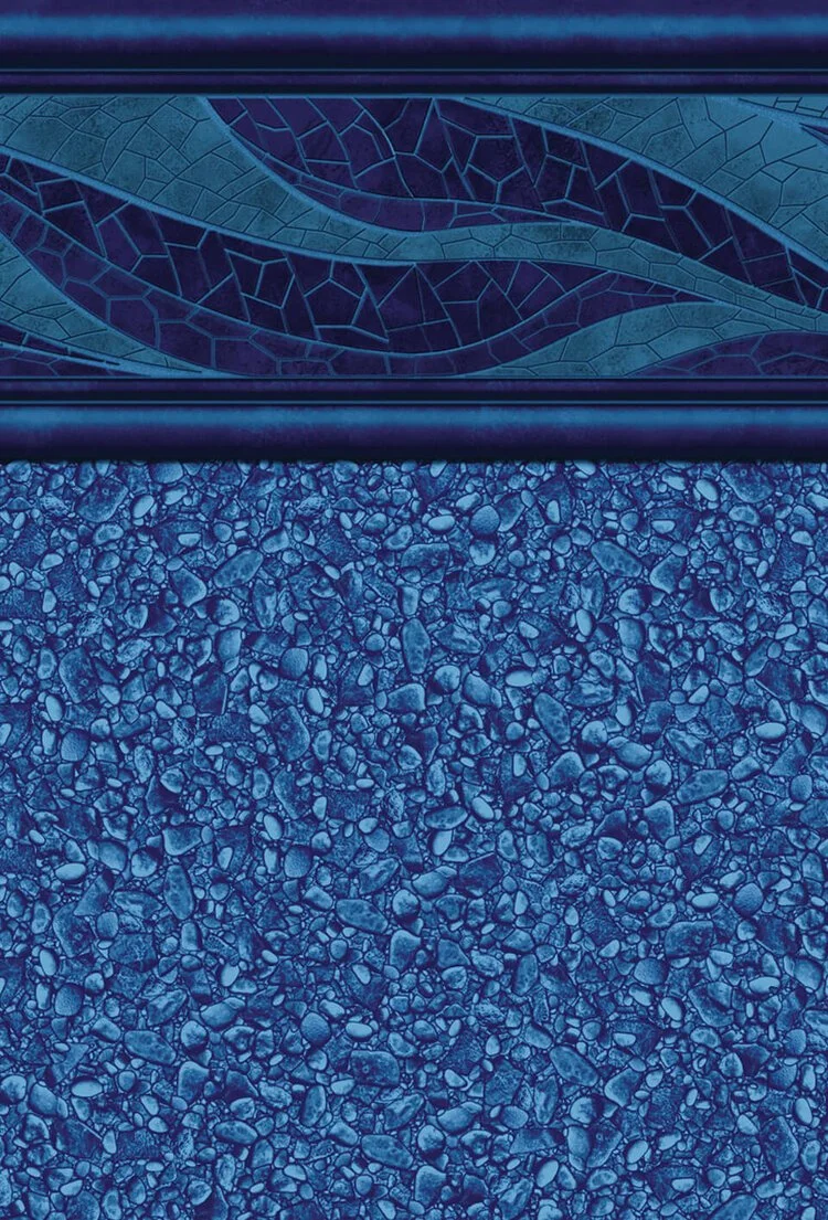 Close-up of textured blue stones with a decorative blue mosaic border featuring leaf patterns.