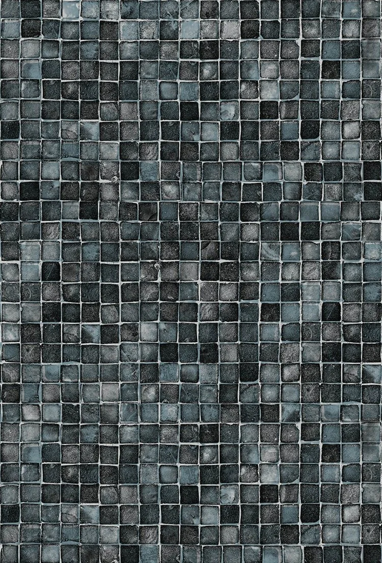 Close-up of small square mosaic tiles in shades of black and gray.