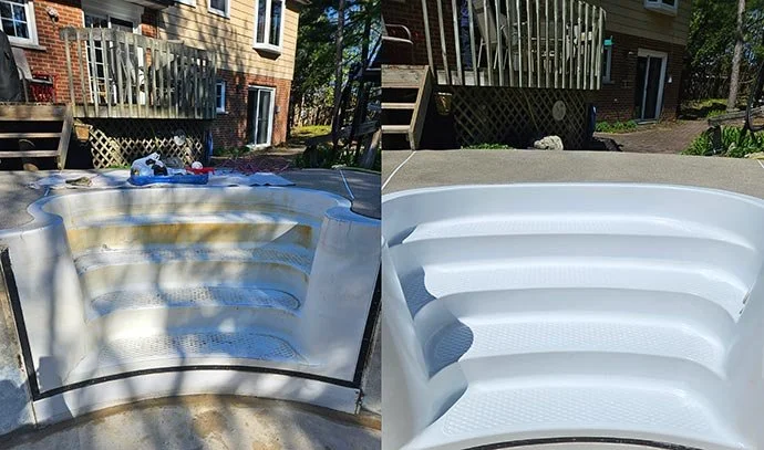 Side-by-side comparison of a used and a new inflatable hot tub. The used hot tub shows dirt and discoloration, while the new one appears clean and white.