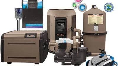 A water treatment system with various equipment including a large filter, control unit, and pipes for water filtration and purification.