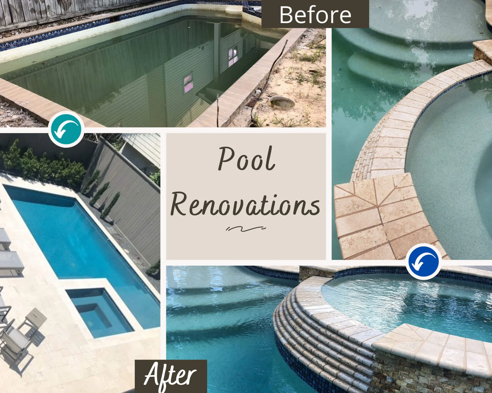 Before and after images of pool renovations. The "Before" shows a pool with dirty water and a damaged surround, while the "After" depicts a clean, modern pool with updated tiles and a new surround. The center text reads "Pool Renovations".