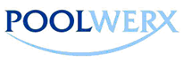 PoolWerx logo with blue and black text and a curved line under the text.