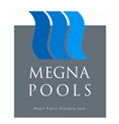 Logo for Megna Pools, featuring three blue water waves above the company name