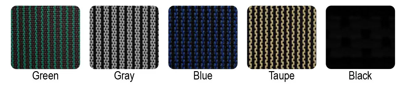 Close-up of woven fabric samples in green, gray, blue, taupe, and black colors.