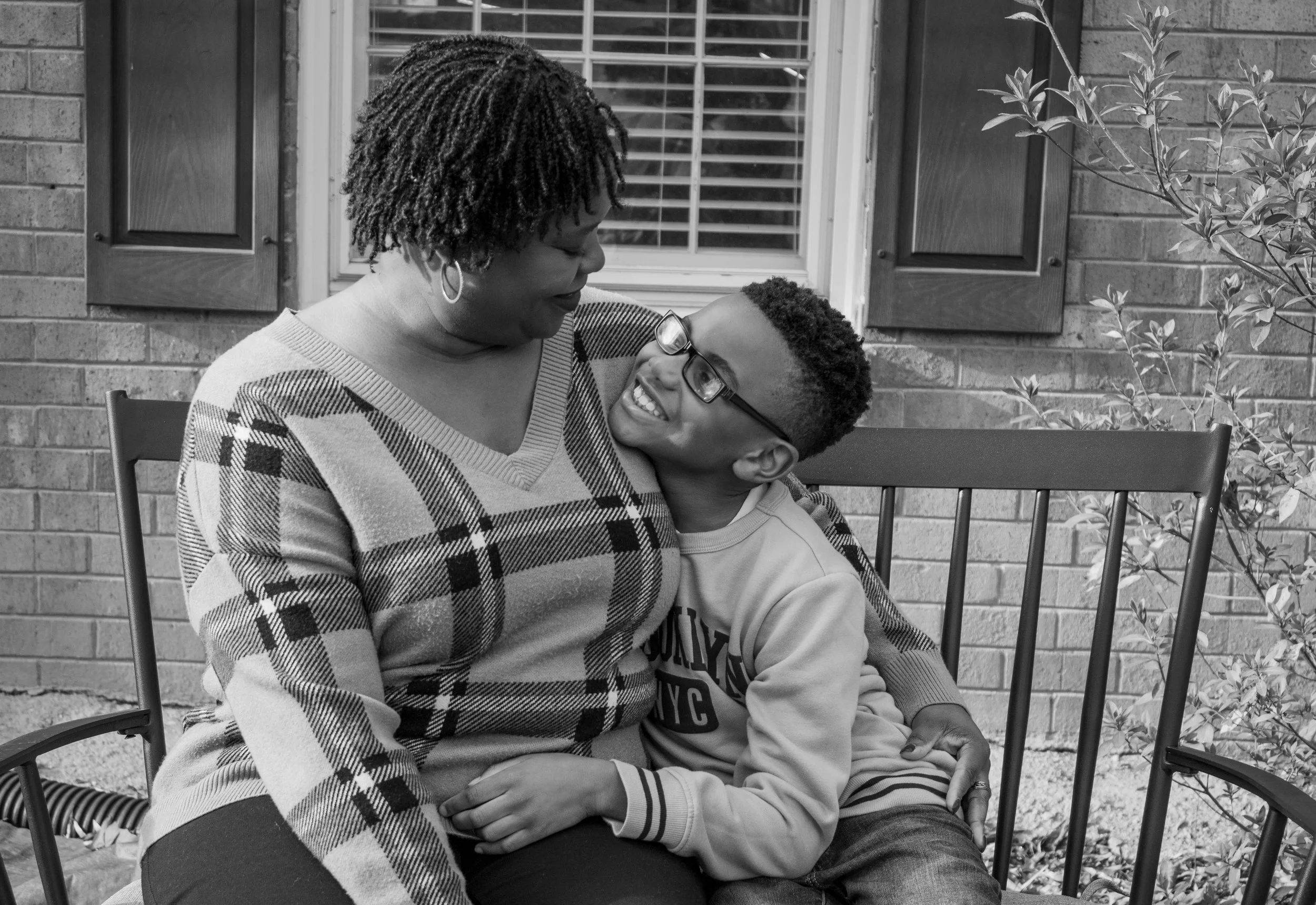 Mother and son in black and white