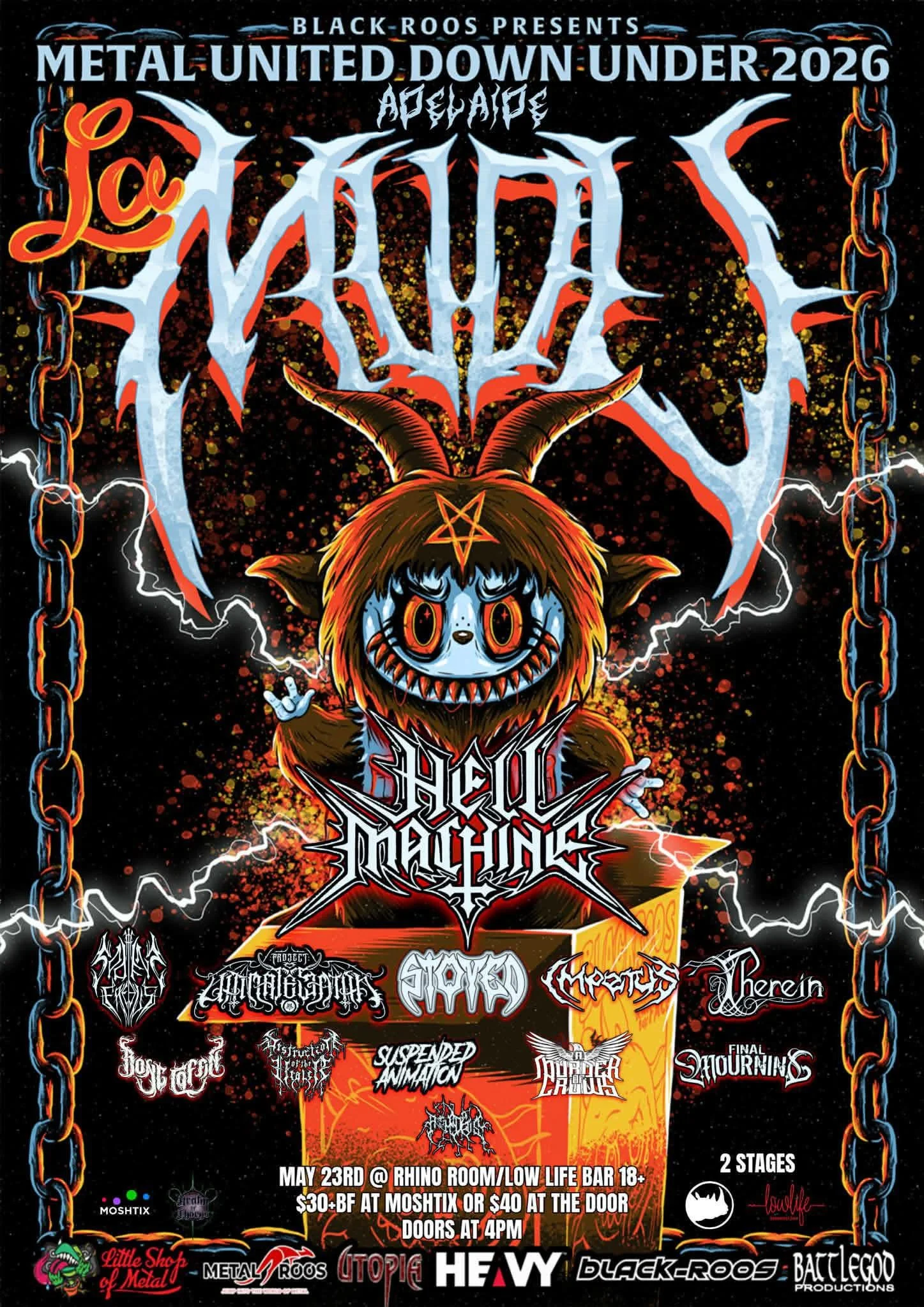 Event poster for 'Metal United Down Under 2026 - Apocalypse' featuring a sinister cartoon creature with horns and a pentagram on its forehead, surrounded by chains and lightning. The event includes bands such as Hell Machine, Skull, Chaos, and Others, scheduled for May 23 at Rhino Room/Low Life Bar with ticket prices and additional details.