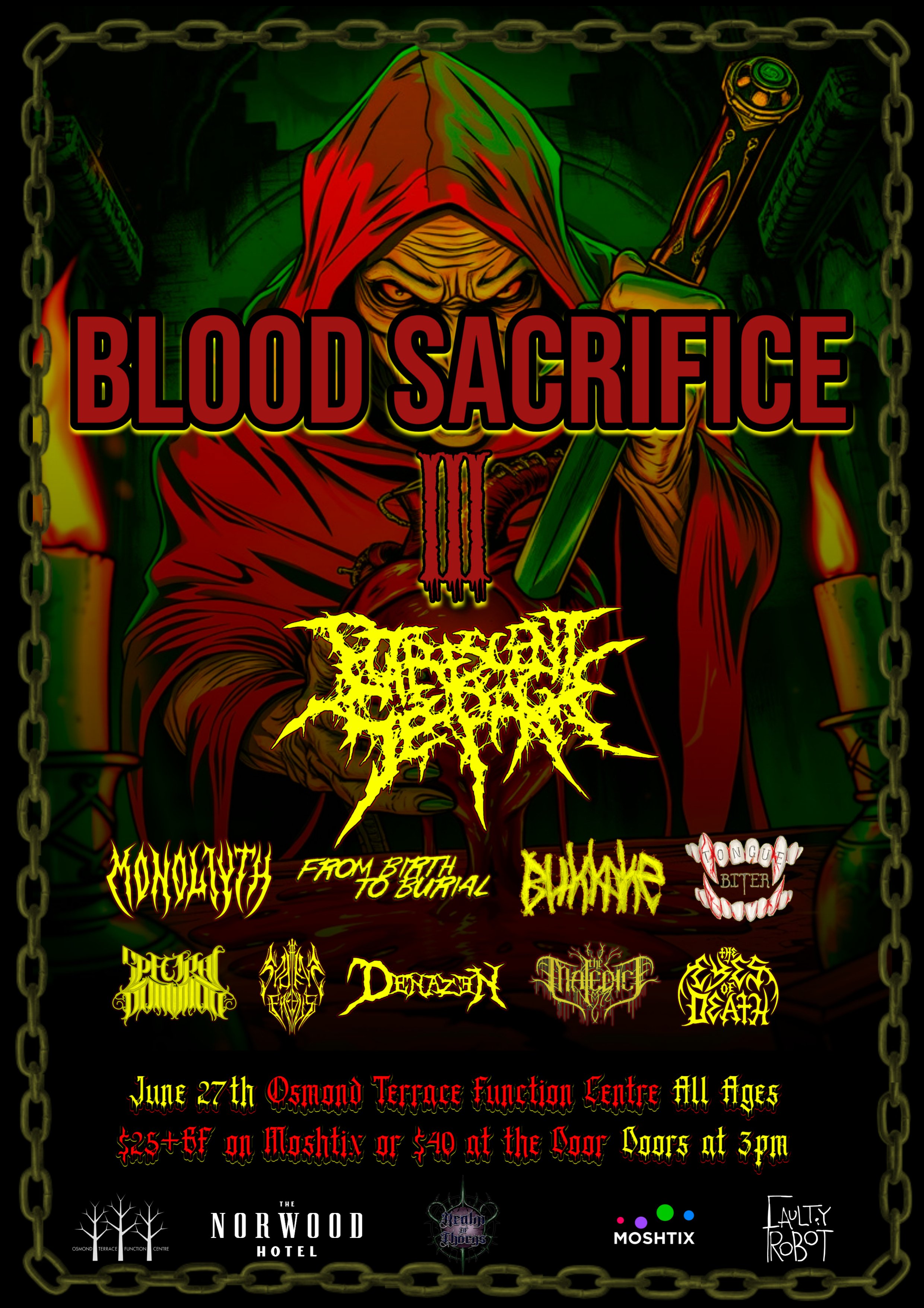 A dark, horror-themed concert poster featuring a hooded figure holding a sword stained with blood, with candles and chains in the background. The event is titled 'Blood Sacrifice' with various band logos, date, location, and ticket information.