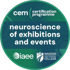 Logo for CEM certification program, Neuroscience of Exhibitions and Events, with IAEE and Madison Area Technical College logos.
