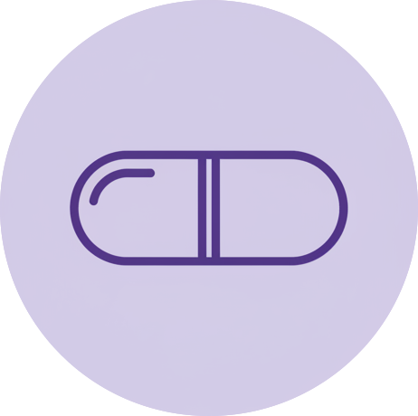 Illustration of a purple capsule-shaped pill with a line dividing it in the middle on a light purple background.