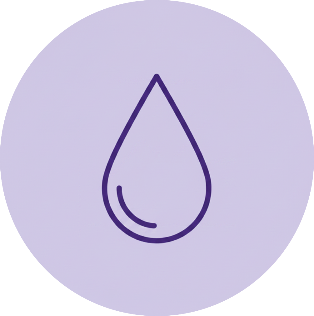 A simple illustration of a water droplet with a purple outline on a light purple background.