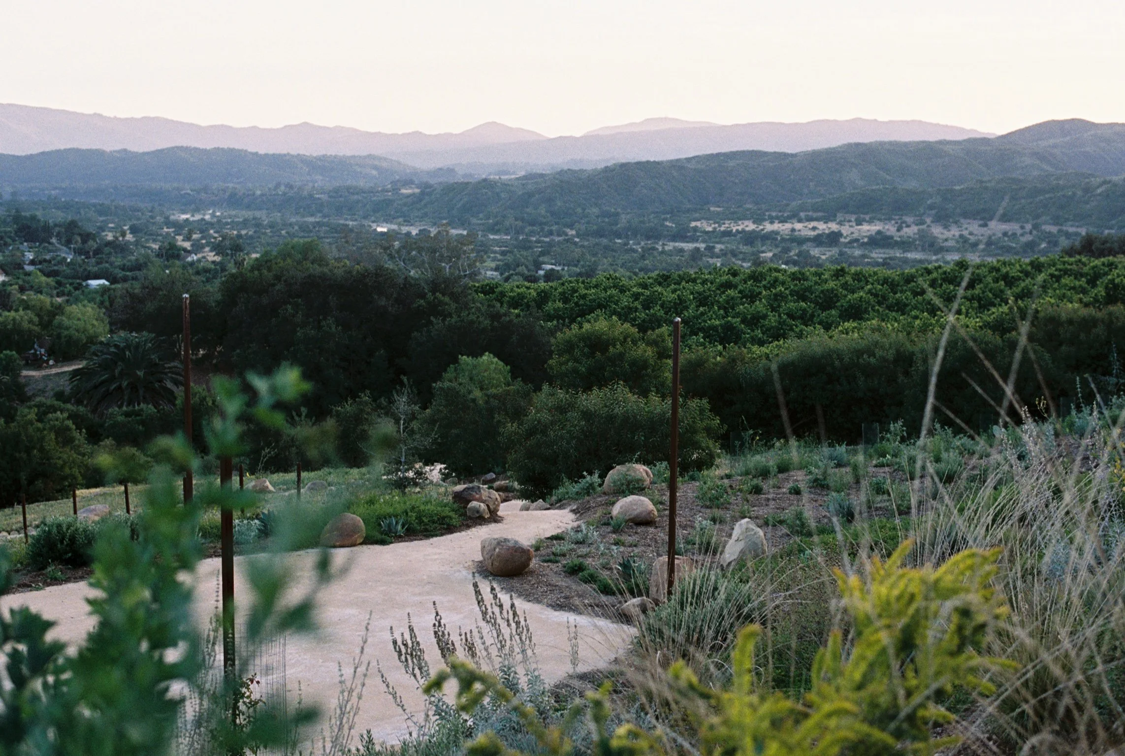A scenic view of rolling green hills and distant mountains seen from a well-maintained garden path.