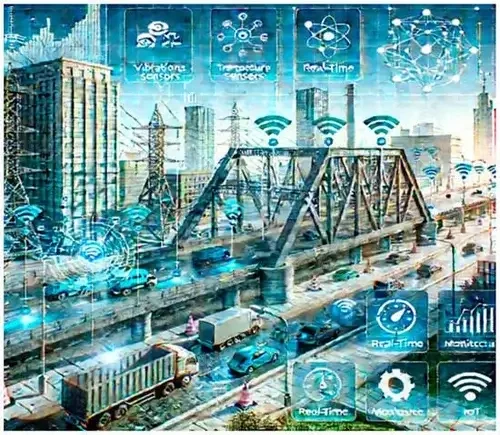City street with cars, overlaid with icons representing sensors, real-time data, and smart technology in a digital, interconnected cityscape.