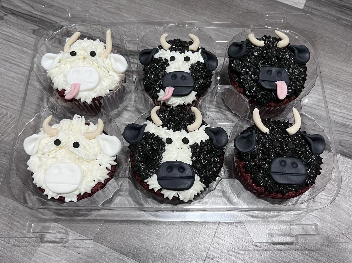 Six cupcakes decorated to resemble bulls with different frosting and fondant details in a plastic container.