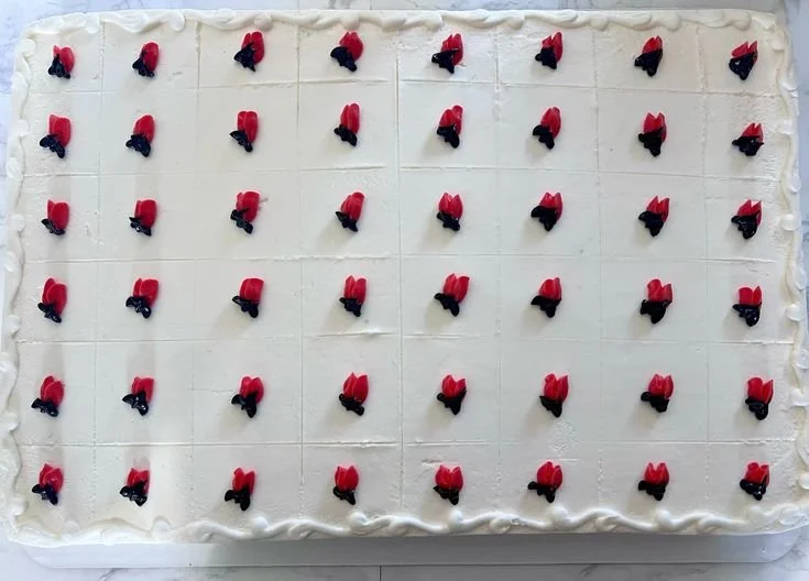 Large rectangular cake decorated with rows of red rosettes.