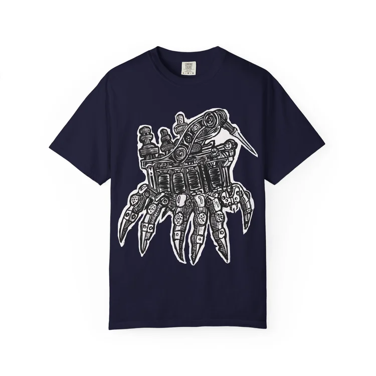 Soul Weaver original mechanical hand artwork on a navy T-shirt