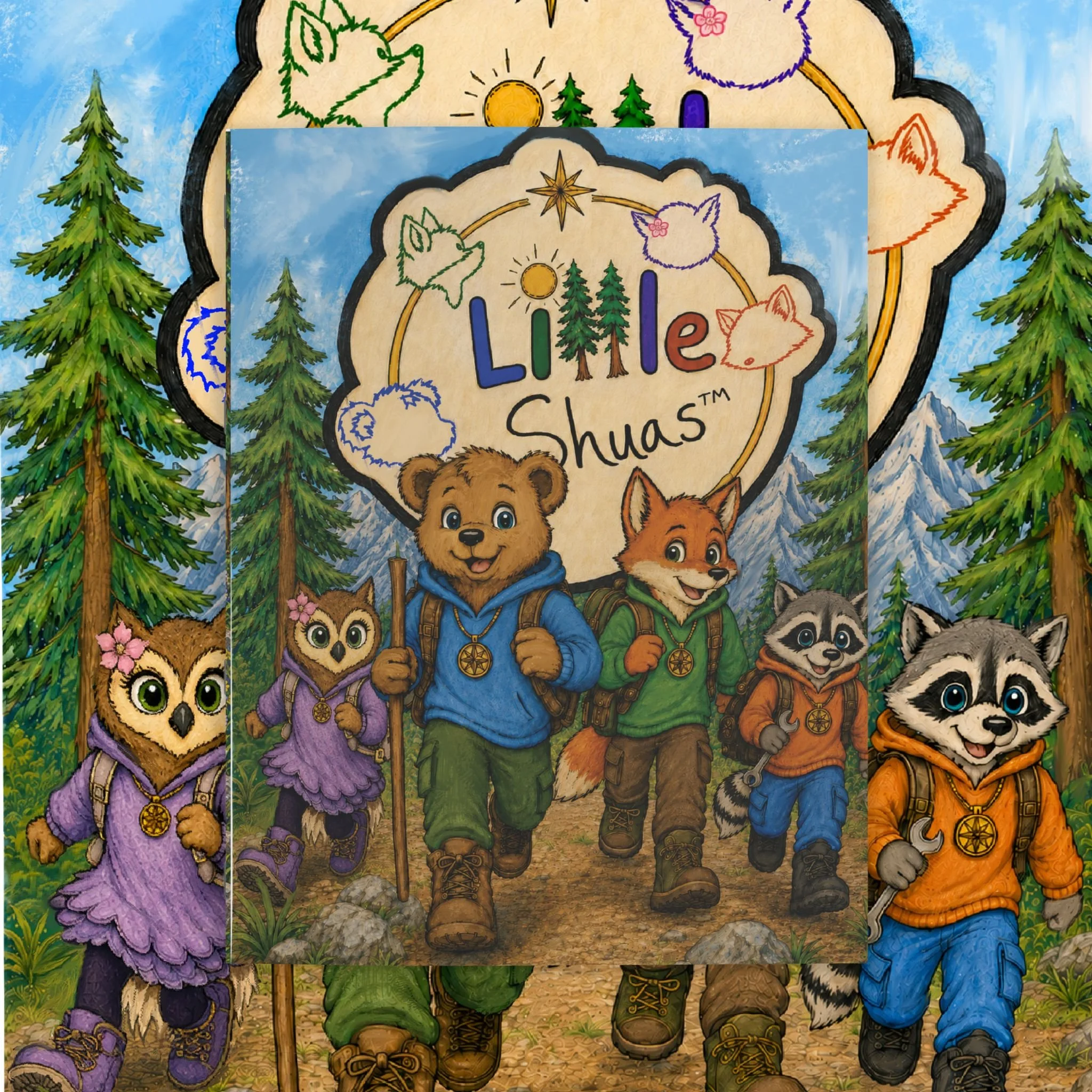 Little Shuas Coloring Book featuring Brave Bear, Fearless Fox, Wittle Wise Owl, and Rugged Raccoon