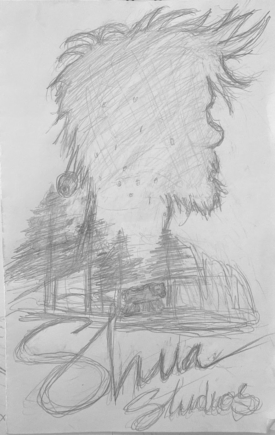 Joshua Ryan’s original pencil concept for Shua Studios: a profile emerging from trees.