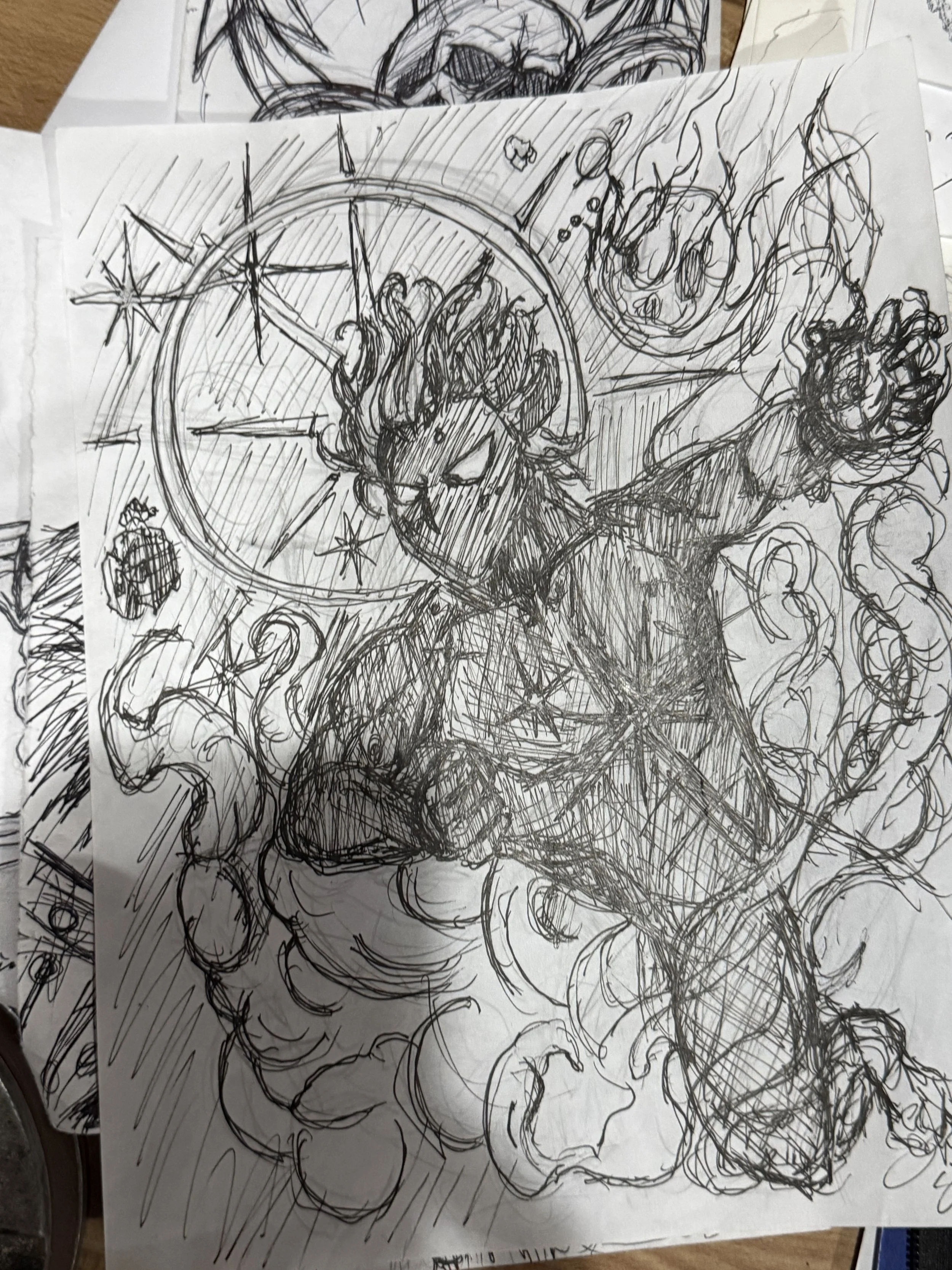 A black and white sketch of a wolf with a large eye, surrounded by swirling lines and stars, with a clock or circular design behind it.
