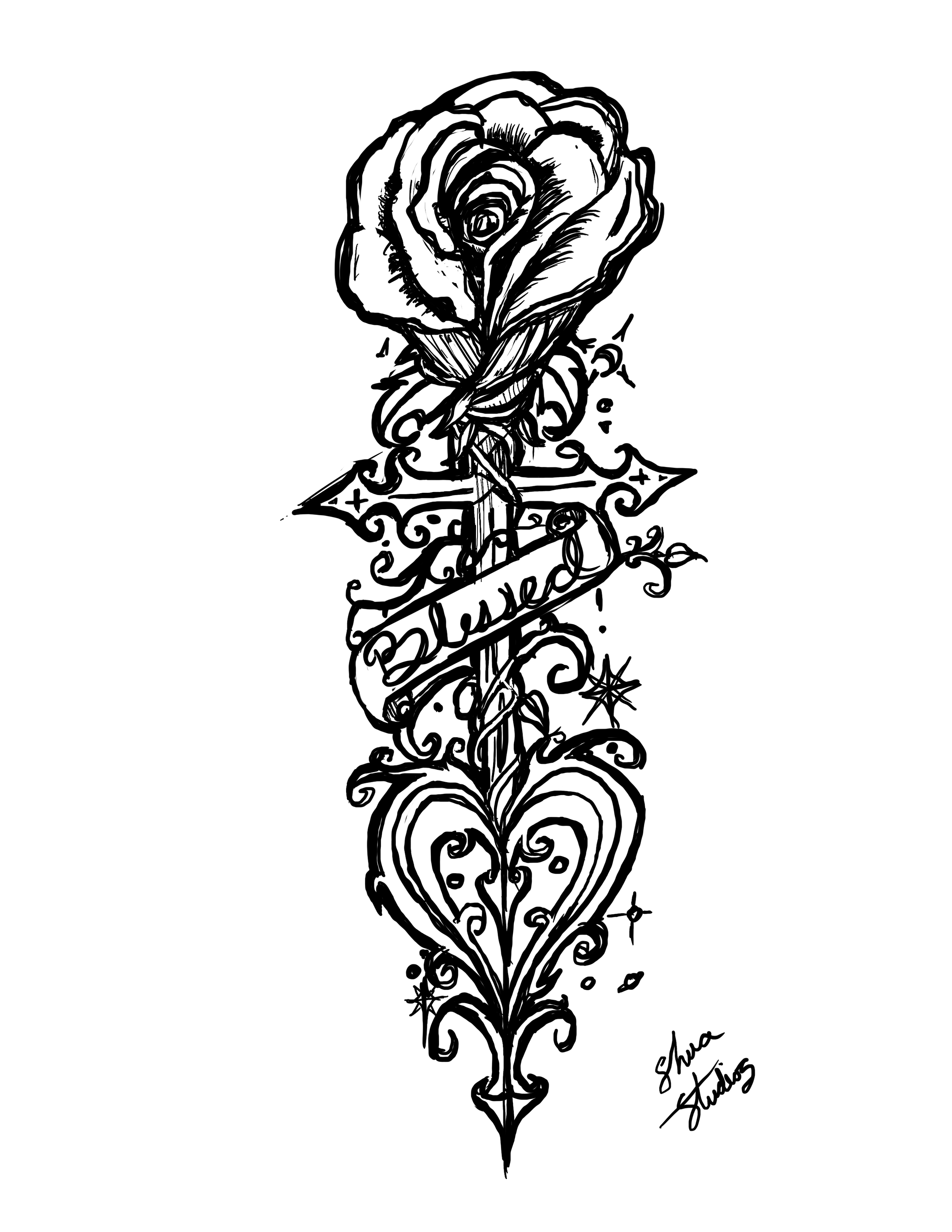Black and white tattoo art of a rose with ornate scroll designs and the phrase "Because I say so." signed by Shawn Studios.
