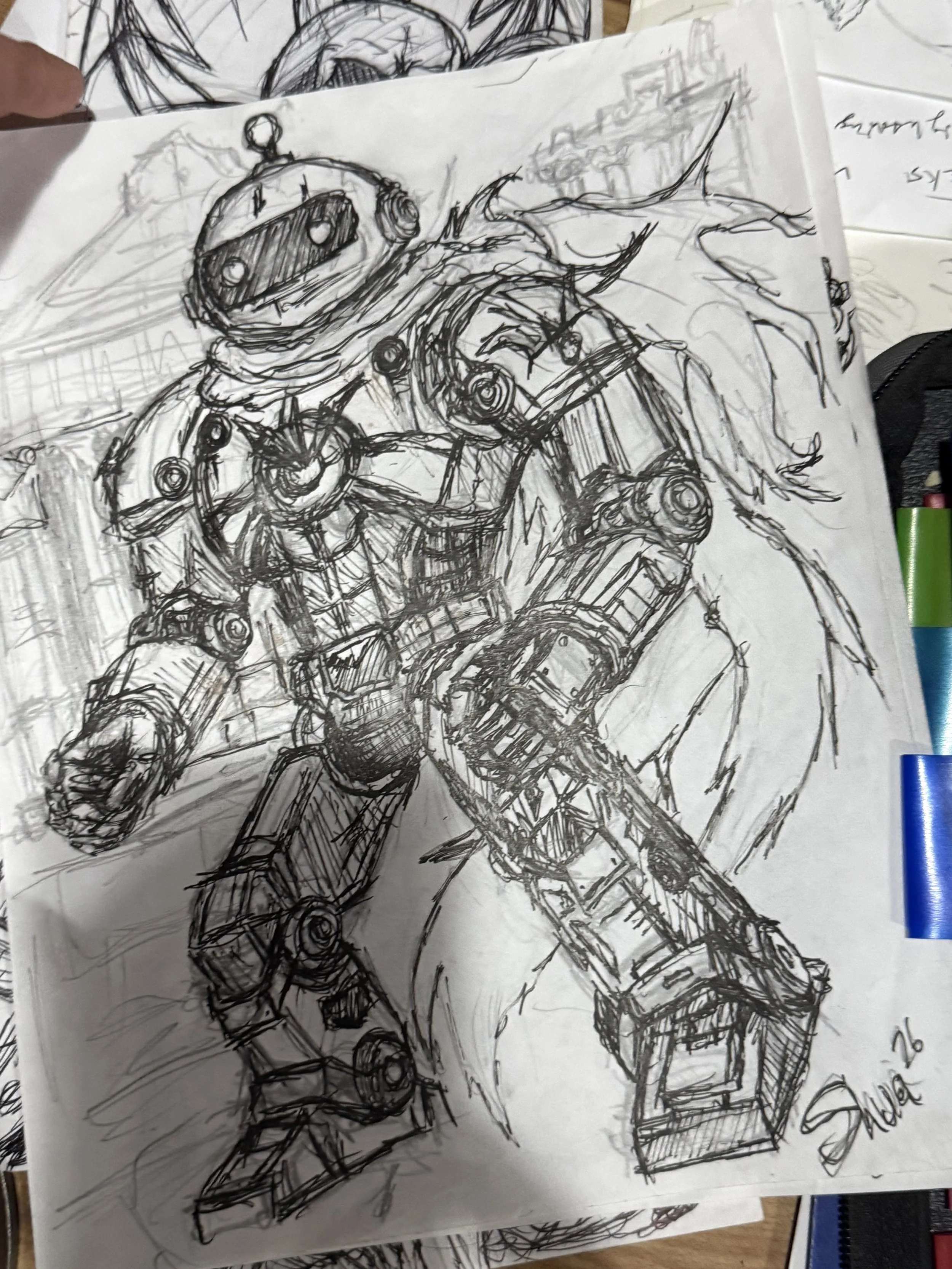 A detailed sketch of a humanoid robot with multiple mechanical joints and components, holding a rifle. The drawing appears to be on a sheet of paper with some markup and notes.