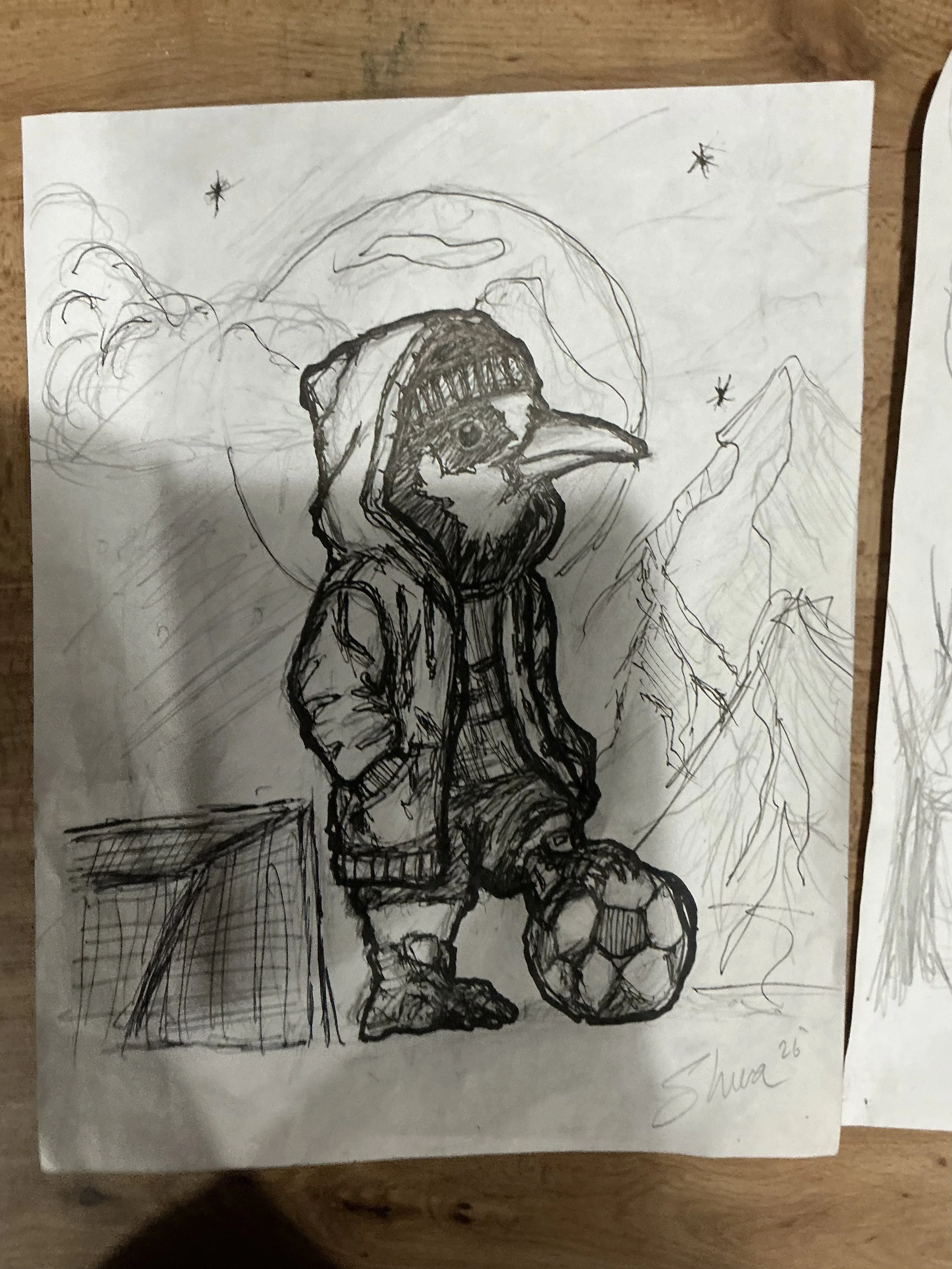 Sketch of a person sitting on a rock or ledge, wearing a hoodie, with their head turned to the side. The background depicts a mountainous landscape with a few stars or celestial objects in the sky.