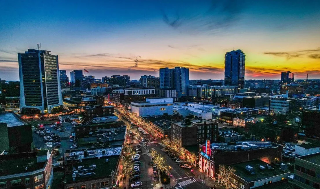 Aerial view of Stamford skyline at dusk