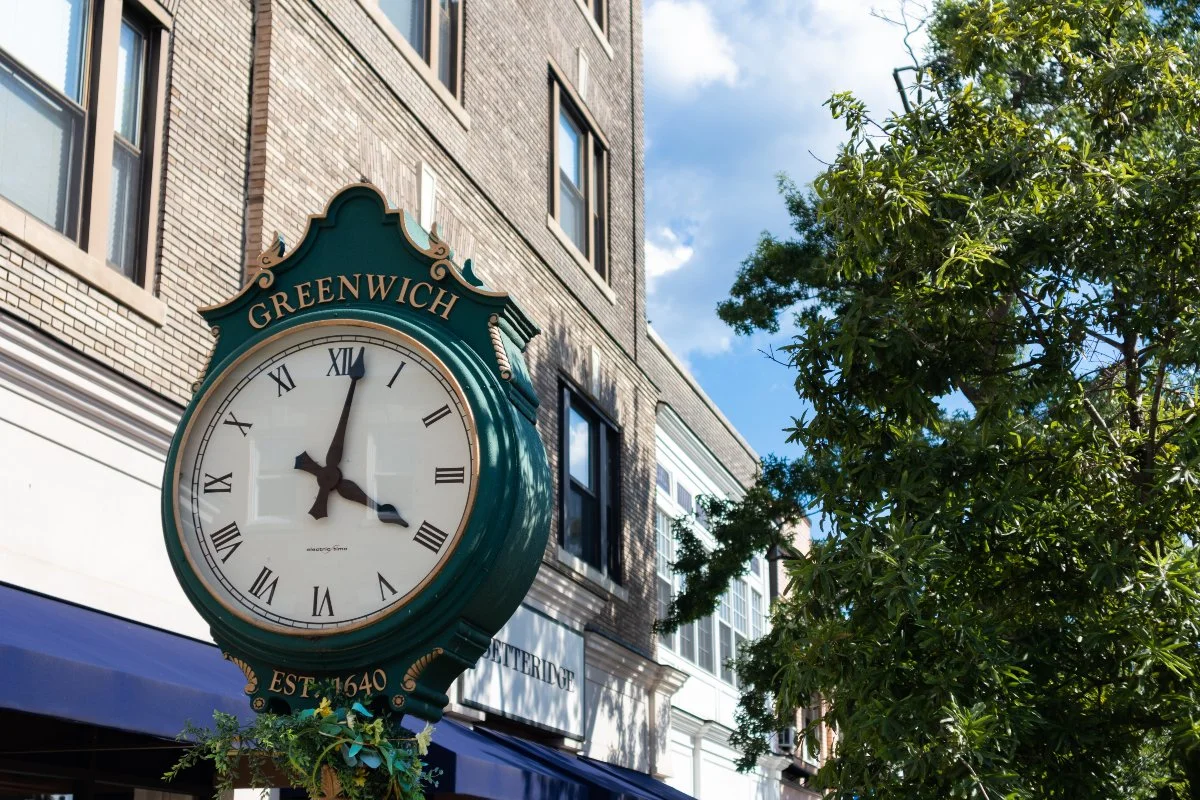 Clock along Greenwich Avenue in Downtown Greenwich Connecticut during the Summer