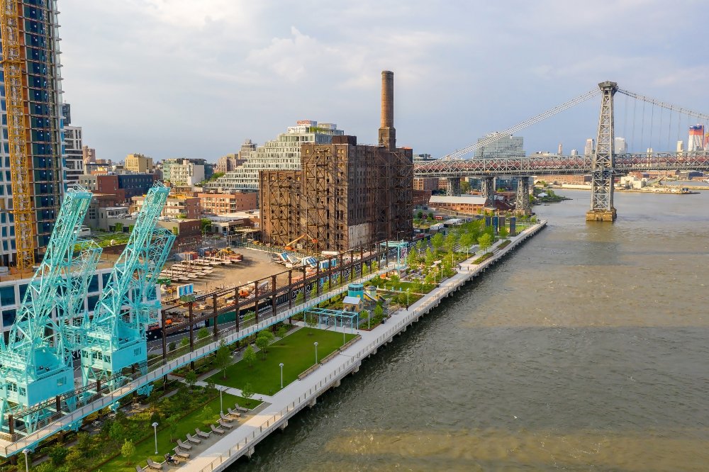 Domino Park in Brooklyn, Williamsburg, Old sugar factory. Aerial view