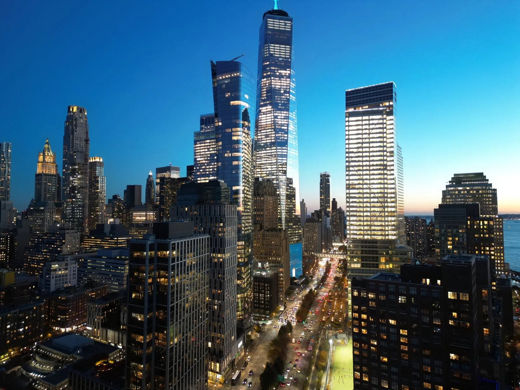Manhattan  cityscape at night with freedom tower
