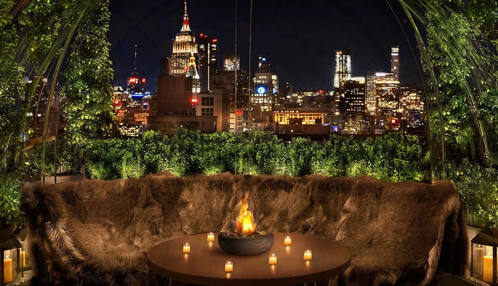 The Roof at PUBLIC Hotel in Manhattan with fire-lit lounge seating and skyline views, creating a high-energy yet refined setting for exclusive nightlife experiences