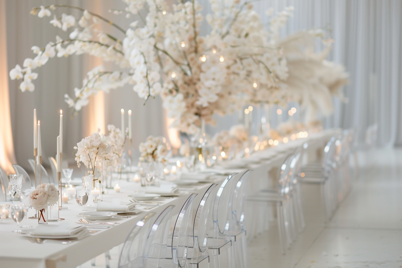 Elegant banquet table decorated with white flowers, candles, and glassware in a bright, modern event space.