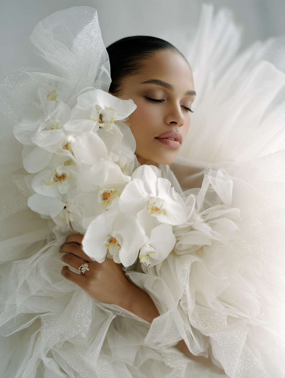 A woman with closed eyes and slicked-back hair wearing a white dress, holding a bouquet of white orchids, surrounded by voluminous white fabric with glittery details.