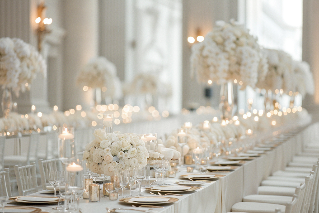 Elegant white wedding reception table decorated with white floral centerpieces, candles, and fine china, set in a bright, sophisticated room.