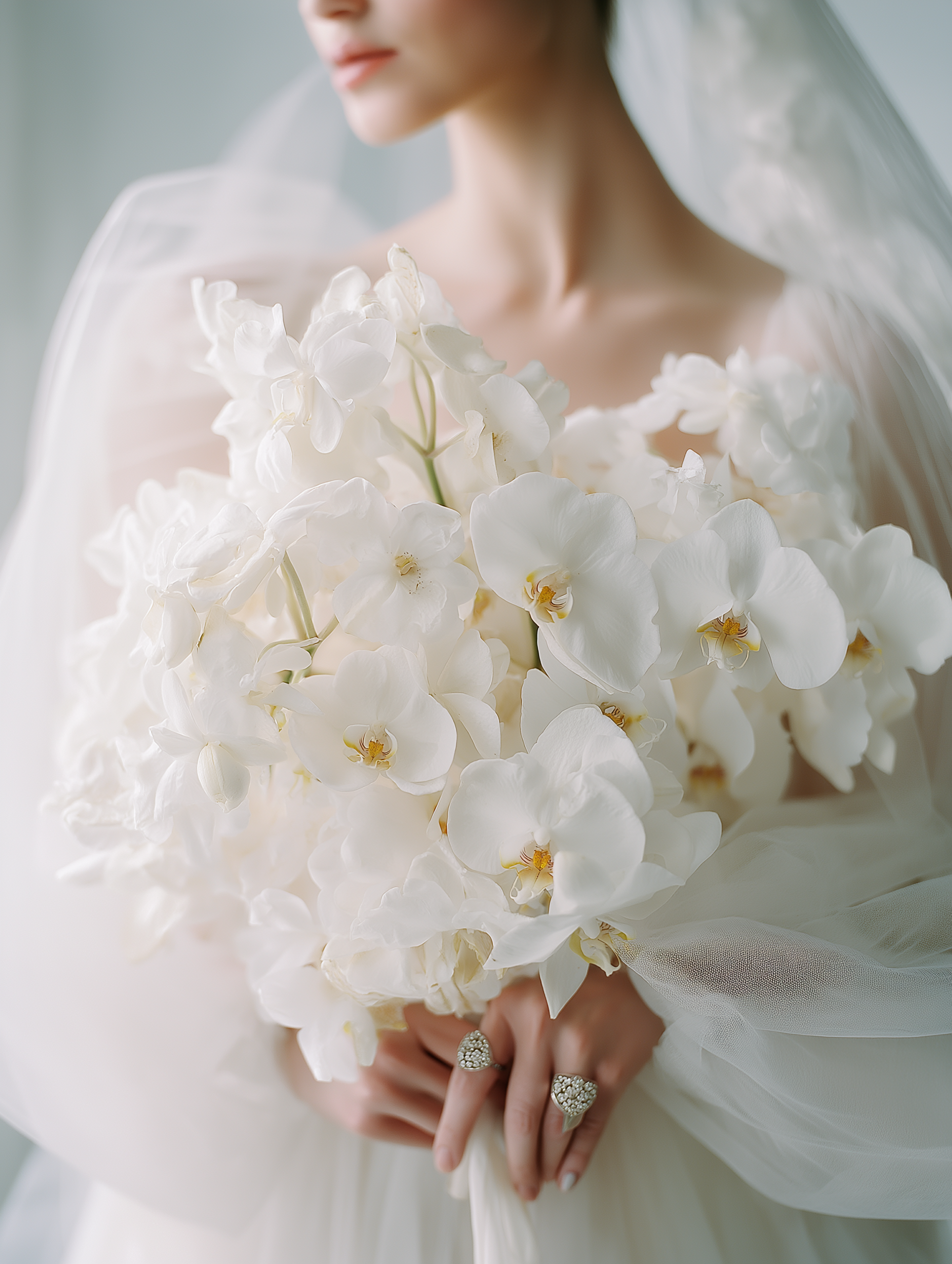A bride or woman in a wedding dress holding a bouquet of white orchids, with a sheer veil and jewelry.