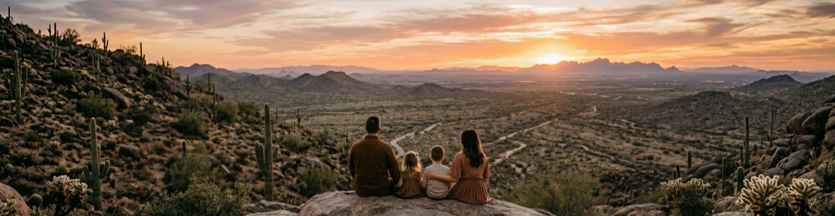 A family of four sitting on a rock watching a sunset over a desert landscape with cacti and mountains in the distance.