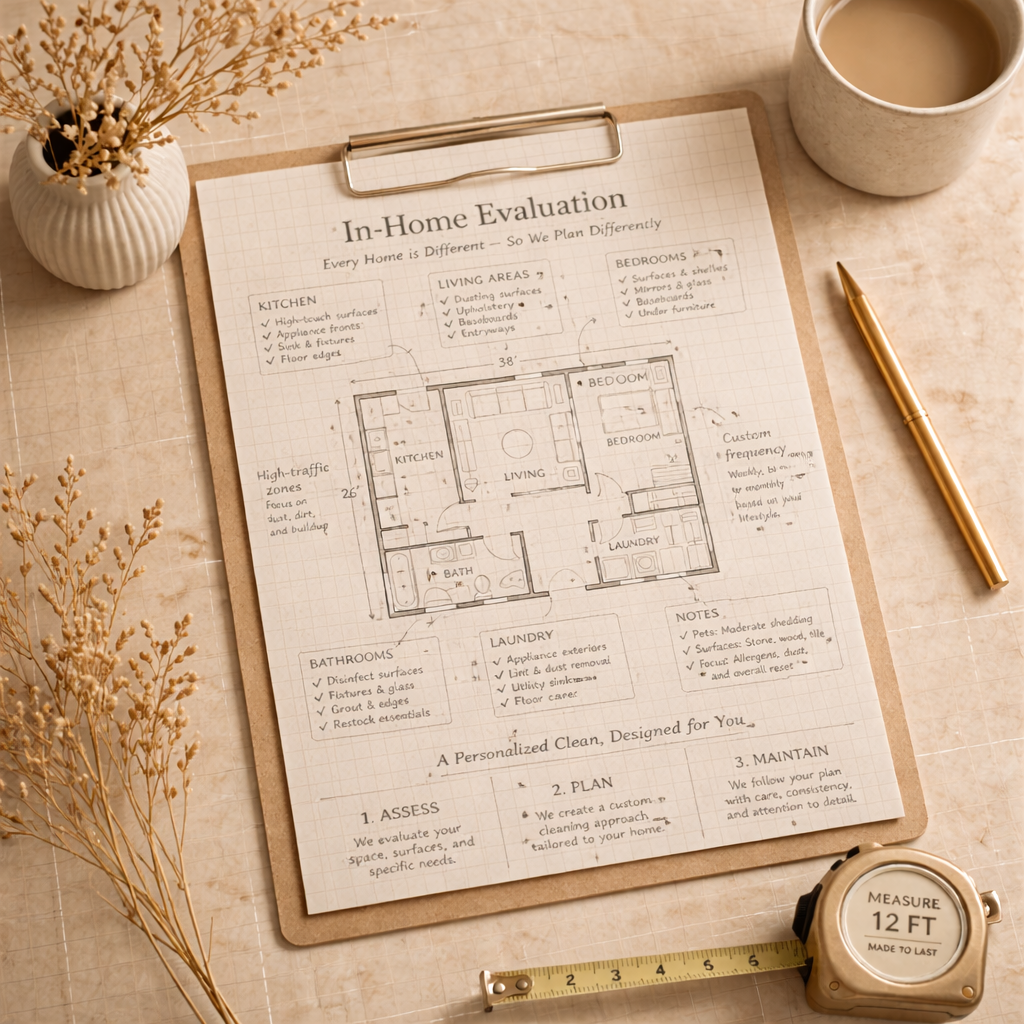 A clipboard with a home evaluation floor plan, a cup of coffee, a gold pen, a measuring tape, a small vase with dried flowers, and some dried flowers on the surface.