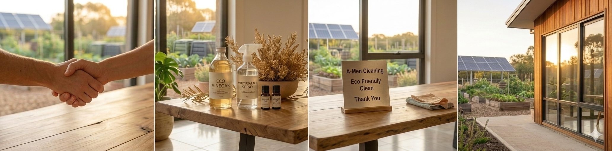 Handshake at a wooden table with cleaning supplies and a sign that reads 'A-Men Cleaning Eco Friendly Clean Thank You' inside a well-lit room with large windows showing solar panels and a garden outside during sunset.