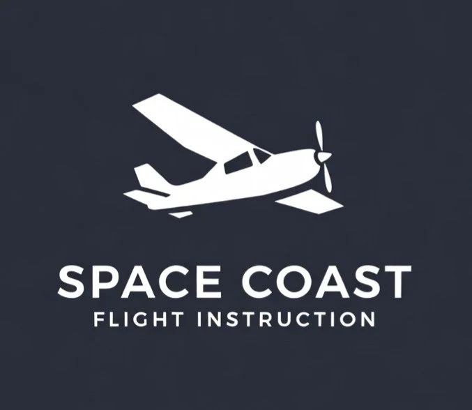 Logo featuring a stylized white airplane graphic with the text "SPACE COAST FLIGHT INSTRUCTION" underneath, all on a dark background.