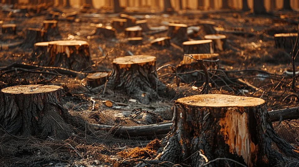 A forest area with numerous tree stumps after trees have been cut down, with warm sunlight illuminating the scene.