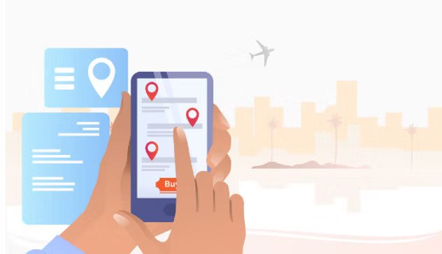 A person using a smartphone to select locations on a map app, with a cityscape and airplane in the background.