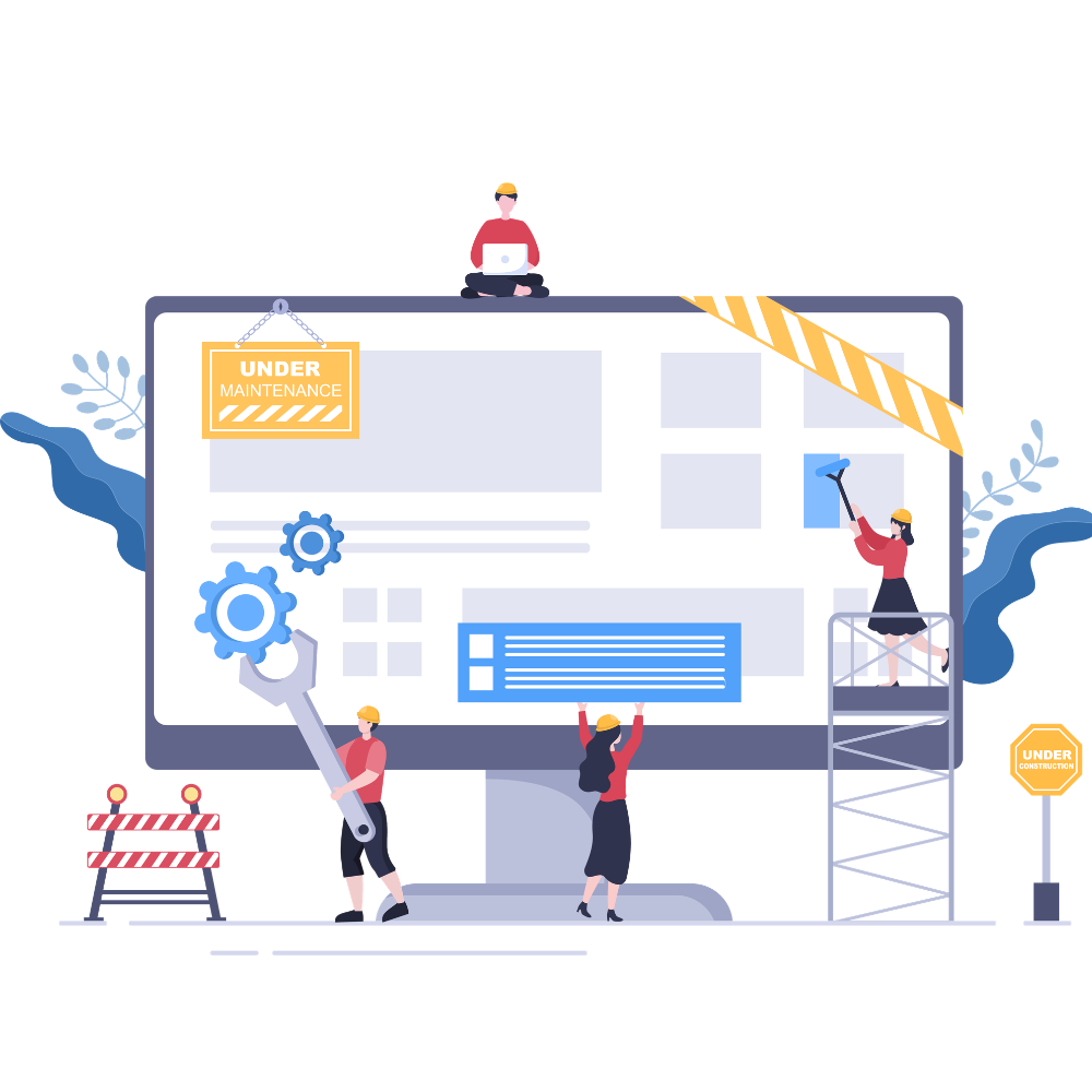 Illustration of four people working together to maintain a large website displayed on a giant screen, with a person sitting on top of the screen using a laptop, surrounded by construction signs and gears, indicating ongoing website maintenance.