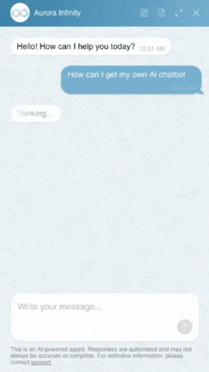 A screenshot of a chat conversation with Aurora Infinity AI assistant, showing a user asking how to get their own AI chatbot and the AI responding with thinking.