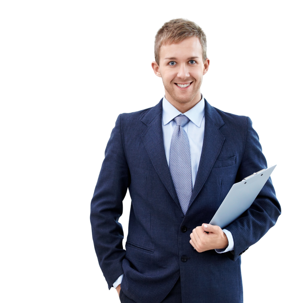 A young man in a business suit holding a clipboard, smiling in a professional pose.