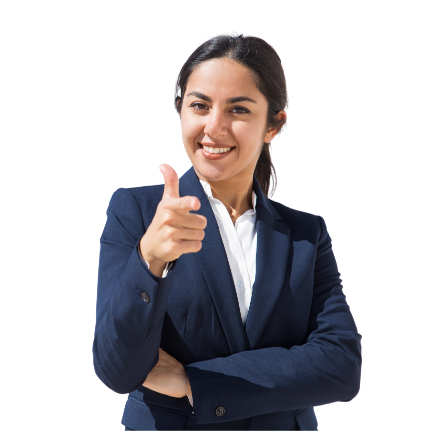 A confident woman in a navy blazer giving a thumbs-up gesture and smiling.