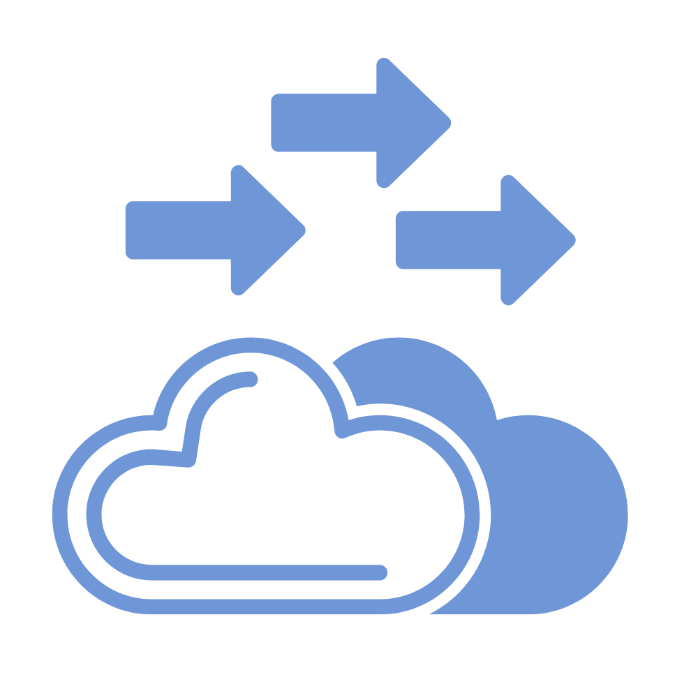 Cloud computing icon with overlapping clouds and arrows pointing in different directions, representing data transfer and cloud services.